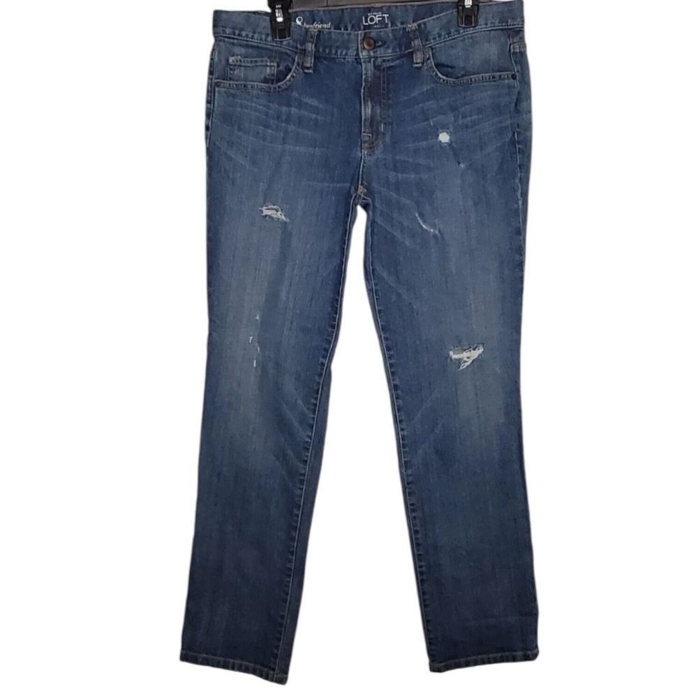 LOFT boyfriend, Blue Straight Leg Jeans with Distressed Details 10